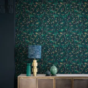 Clarissa Hulse Wild Chervil Kingfisher Blue & Gold effect Smooth Wallpaper