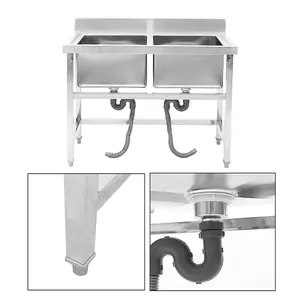 110cm Double Bowl Commercial Freestanding Stainless Steel Kitchen Catering Sink with Splashback for Food Prep