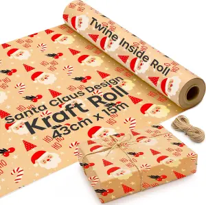 15m Eco-Friendly Kraft Christmas Wrapping Paper Roll with Santa Design - Recyclable Brown Gift Wrap, 43cm Wide