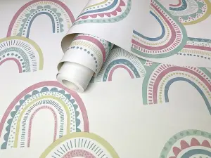 Boho Rainbow Pink/Duckegg Children's Wallpaper