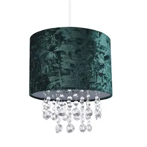 Modern Forest Green Crushed Velvet Pendant Shade with Clear Acrylic Droplets