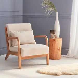 sweeek. Scandi-style wooden armchair with cushion Lorens Beige 65x80x79 cm