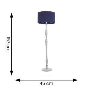 ValueLights Victoria Traditional Grey Wood Candlestick Floor Lamp with Navy Blue Drum Shade - LED Bulb Included