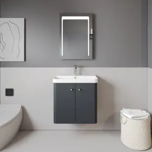 Wall Hung 2 Door Vanity Unit with Ceramic Sink - 600mm - Soft Black