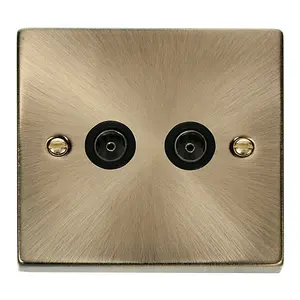 Antique Brass 2 Gang Twin Coaxial TV Socket - Black Trim - SE Home