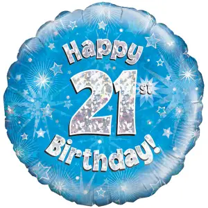 Oaktree 18 Inch Happy 21st Birthday Blue Holographic Balloon Blue/Silver (One Size)