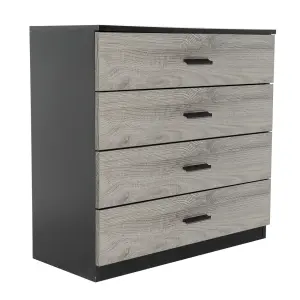 URBNLIVING Height 73cm 4 Drawer Wooden Bedroom Chest Cabinet Modern Black Carcass and Ash Grey Drawers Wide Storage Cupboard Close