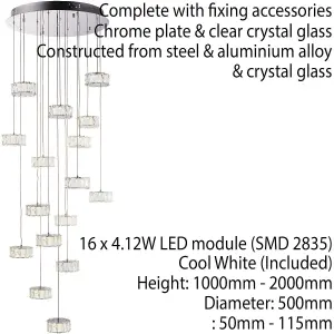 Multi Light Ceiling Pendant 16 Bulb Chrome & Crystal Glass Chandelier Lamp