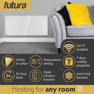 Futura Electric 2000W WIFI Glass Radiator Panel Heater White Wall Mounted or Floor Standing Bathroom Safe Timer and Thermostat