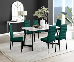 Furniturebox UK Carson White Marble Effect Dining Table & 6 Green Velvet Milan Black Leg Chairs