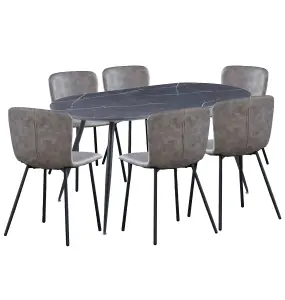 Hallowood Furniture Cullompton Large Oval Table (1.6m) with 6 Light Grey Leather Effect Chairs