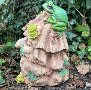 Frog Toad House wildlife shelter, face in tree stump design with frog decoration, novelty frog or wildlife lover gift