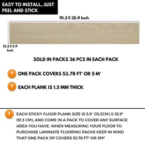 Self Adhesive Floor Planks - 36 Planks Per Pack Covering 53.8 ft² (5 m²) - Peel And Stick Vinyl Flooring in Natural Oak Wood