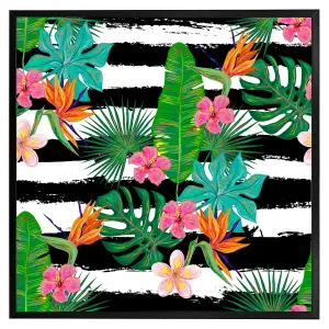 Tropical plants on black & white stripes (Picutre Frame) / 16x16" / Grey