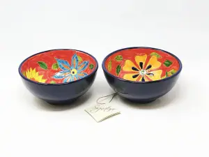 Signature Flowers Hand Painted Ceramic Kitchen Dining Set of 2 Appetiser Bowls (Diam) 15cm