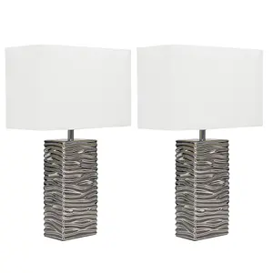 ValueLights Etienne Pair of - Modern Silver Ripple Effect Ceramic Table Lamp with White Light Shade and LED Bulb