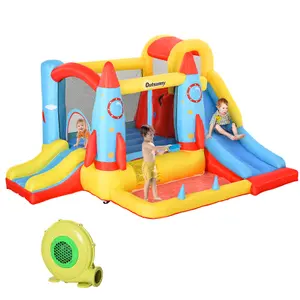 Outsunny Kids Bouncy Castle House Inflatable Trampoline Slide Water Pool 3 in 1 with Blower for Kids Age 3-8 Rocket Design