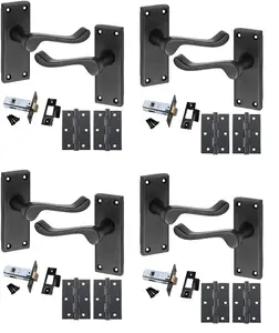 4 Sets Premium Victorian Scroll Latch Door Handles Matt Black Finish Ball Bearing Hinges & Black Latch Pack 120 x 40mm - GG