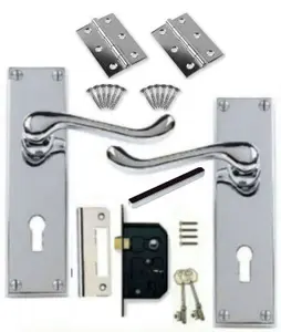 Victorian Scroll Polished Chrome Door Handle Lock Pack +2 Lever Lock +Hinges