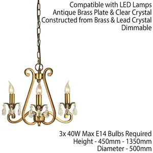 Esher Ceiling Pendant Chandelier Antique Brass & Crystal Curved 3 Lamp Light