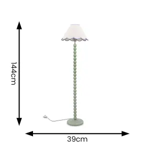 ValueLights Bobbles Sage Green Bobbin Floor Lamp with Blue Trim Scallop Shade - LED Bulb Included