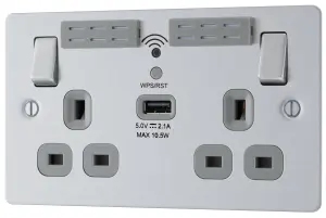 BG Brushed Steel 13A Flat Double WiFi extender socket with USB