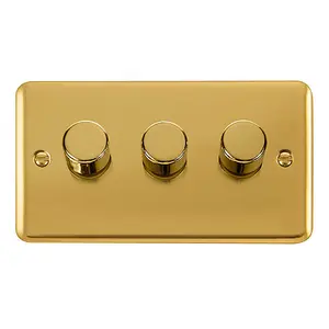 Curved Polished Brass 3 Gang 2 Way LED 100W Trailing Edge Dimmer Light Switch - SE Home