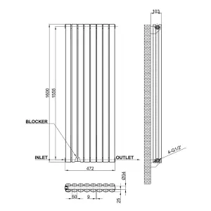 Vertical Black Double Oval Panel Radiator (H)1600mm x (W)472mm, 7156 BTU.