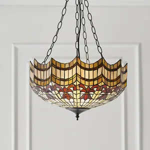 Traditional Tiffany Glass 3 Light Ceiling Pendant - Dark Bronze Effect Fitting