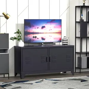 HOMCOM Industrial TV Cabinet Stand Media Center Steel Shelf Doors Storage Black