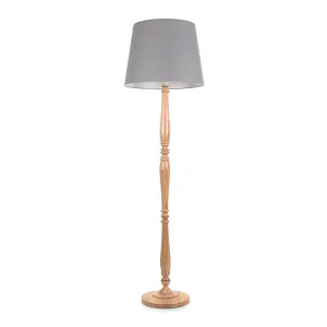 ValueLights Victoria Traditional Light Wood Candlestick Floor Lamp with Grey Tapered Shade