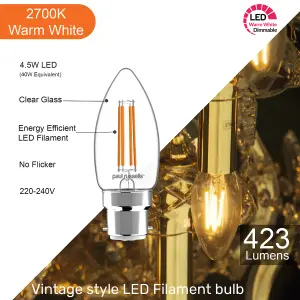 paul russells LED Filament Dimmable Candle Bulb, BC B22, 4.5W 470 Lumens, 40w Equivalent, 2700K Warm White, Pack of 6