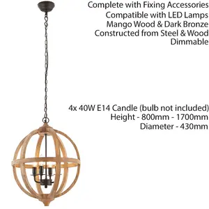 Multi Light Ceiling Pendant 4 Bulb Mango Wood & Bronze Solid Round Lamp Shade