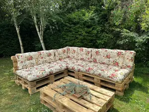 Pallet Cushion Set Corner Sofa Garden Outdoor 2x2.4m Floral Tufted Quilted Pads