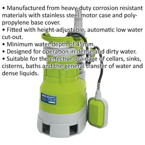 Submersible Dirty Water Pump - 225L/Min - Automatic Cut Out - 750W Motor - 230V