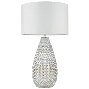 Modern Textured Table Lamp Chrome Glass Base & White Shade Bedside Feature Light