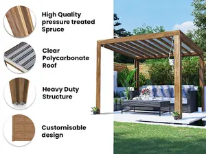 Dunster House Pergola with Roof 3m x 2.5m Pressure Treated Wooden Gazebo Shelter Terracube