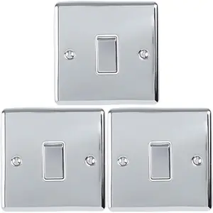 3 PACK 1 Gang Single Metal Light Switch POLISHED CHROME 2 Way 10A White Trim