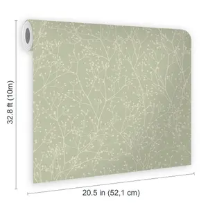 Clarissa Hulse Gypsophila Spring Green & Silver effect Smooth Wallpaper