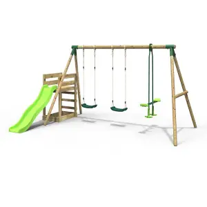 Rebo Wooden Swing Set plus Deck & Slide - Neptune Green