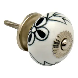 Nicola Spring - Round Ceramic Cabinet Knob - Black Flower