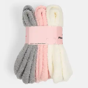 3 x Pairs of Fluffy Fleece Lounge Soft Ladies Socks, Grey, Blush, Cream