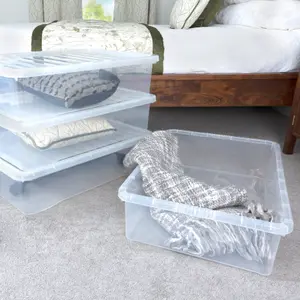 Wham Crystal 46L Medium Under Bed Plastic Storage Boxes With Lids - Pack of 4. Clear, Strong Made in UK Clear