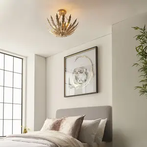 Ornate Gold Flush Ceiling Light - Decorative Leaf Design Dimmable 3 Bulb Pendant