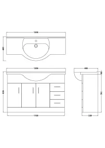 3 Door 3 Drawer Vanity Basin Unit with Round Basin - 1200mm - Gloss White