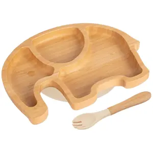 Bamboo Elephant Baby Weaning Plate & Fork Set - Beige