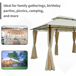 Outsunny 3 x 4m 2-Tier Steel Frame Gazebo with Curtains Outdoor Backyard Beige