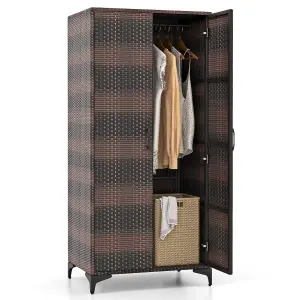 COSTWAY PE Rattan Wardrobe 157 cm Wicker Armoire Closet w/ Hanging Rod