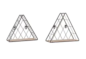 Loft triangle set of 2 display shelf set - black metal and wood effect