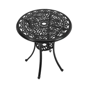 Black Round Cast Aluminum Outdoor Patio Bistro Dining Table with Umbrella Hole